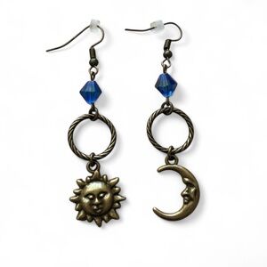 Whimsygoth Earrings Whimsical Sun and Moon Celestial Witchy Earrings Brass/Blue
